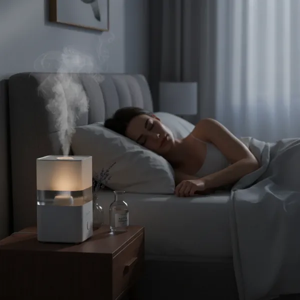 Humidifier releasing mist in a bedroom, promoting healthy, glowing skin.