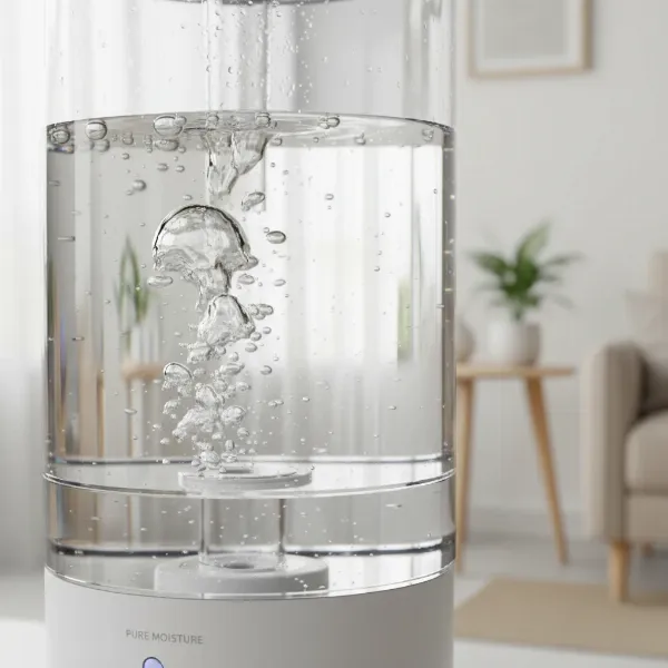 Close-up of humidifier's water tank showing air bubbles causing gurgling sound.
