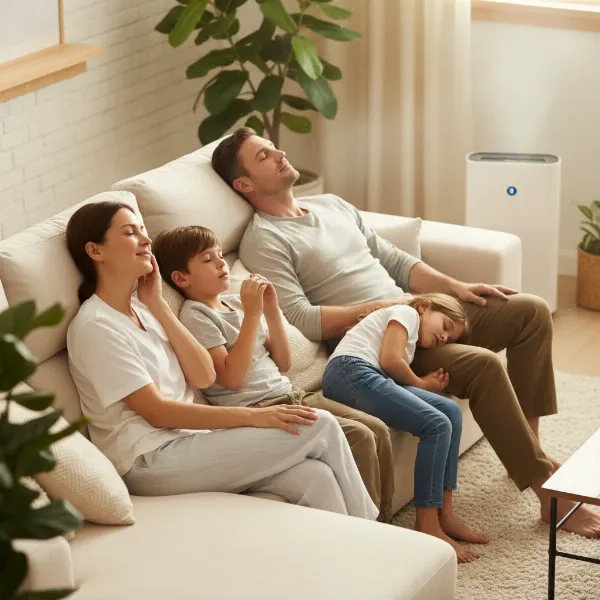 People experiencing relief from dry air symptoms like dry skin, irritated throat, and sinus issues due to optimal indoor humidity.