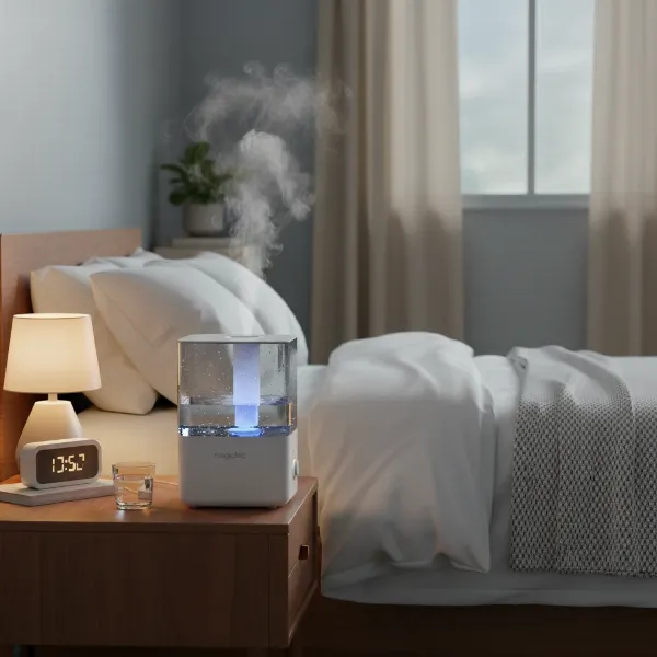Magictec humidifier quietly creating a comfortable atmosphere in a peaceful bedroom