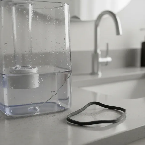 A cracked humidifier water tank with visible damage and a worn-out rubber gasket, illustrating common leak points.