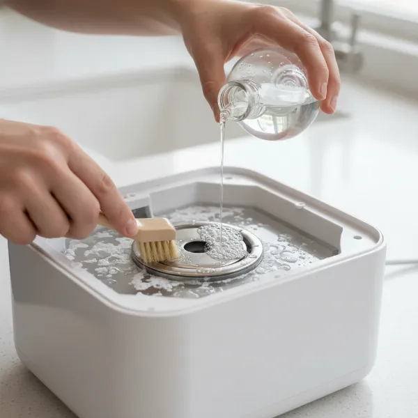 a person cleaning mineral scale from humidifier base with white vinegar