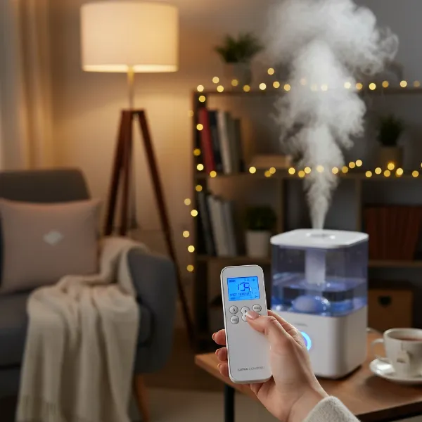 A person using a remote control to adjust the mist settings of a Luma Comfort HC12W humidifier.