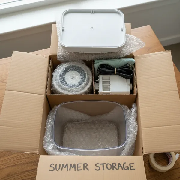 Organized packing of a disassembled humidifier into its original box for summer storage