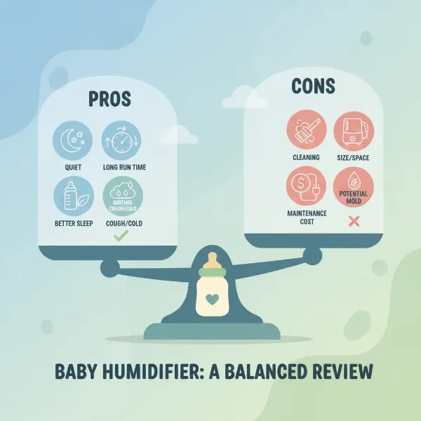 A visual representation balancing the advantages and disadvantages of a baby humidifier, perhaps with icons for quiet, long runtime, vs. cleaning difficulty.