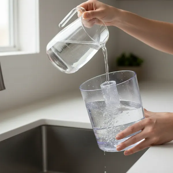 Person carefully refilling a bottom-fill humidifier tank with water using a pitcher to avoid spills.