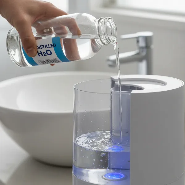 A hand pouring distilled water into a humidifier tank, emphasizing the use of proper water type for maintenance.