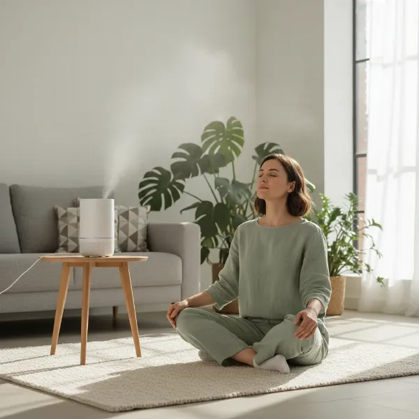 Woman breathing comfortably in a humidified room, illustrating sinus and dry nose relief