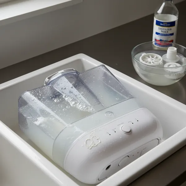 Disassembled humidifier parts soaking in a white vinegar solution for descaling.