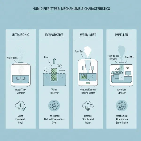 Illustration comparing different types of humidifiers like ultrasonic, evaporative, warm mist, and impeller, showing their distinct mechanisms.