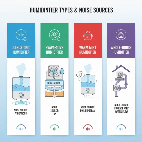Illustrations of different humidifier types with visual cues indicating their typical noise sources (e.g., fan, mist, boiling water).