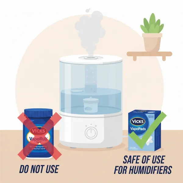 Illustration of a humidifier with a red 'X' over a jar of Vicks VapoRub, showing safe alternatives like VapoSteam
