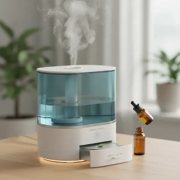 Modern humidifier with a visible, separate essential oil tray for safe aromatherapy integration.