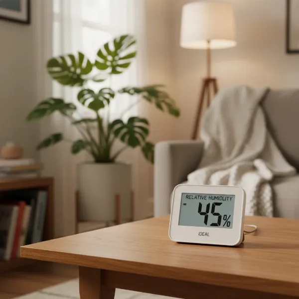 Digital hygrometer displaying 45% relative humidity in a comfortable indoor setting