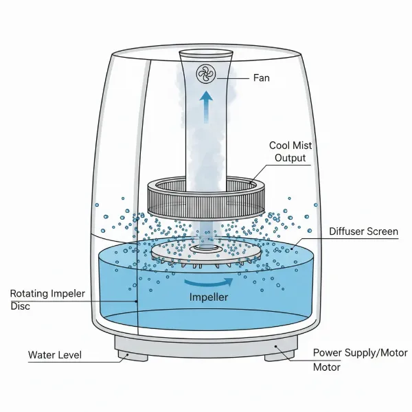 Diagram illustrating the internal workings of an impeller humidifier's rotating disc mechanism.