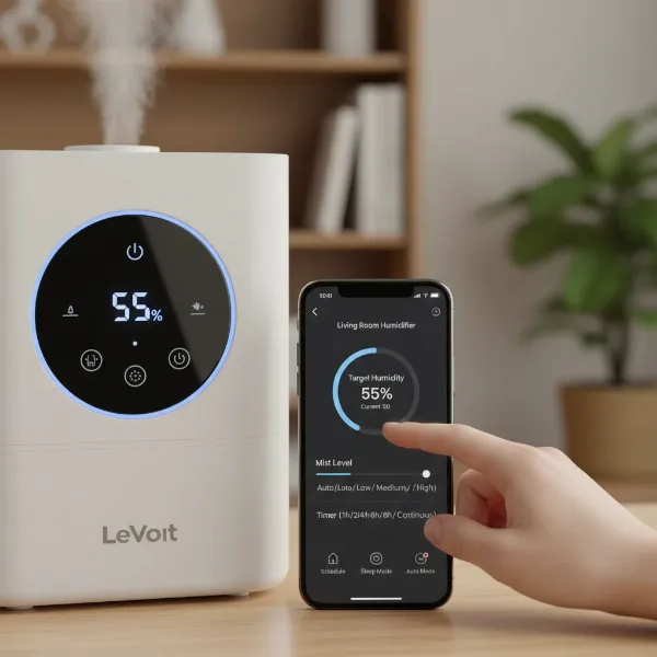 A close-up of the Levoit Classic 300S control panel and a smartphone displaying the VeSync app interface, highlighting its smart capabilities.