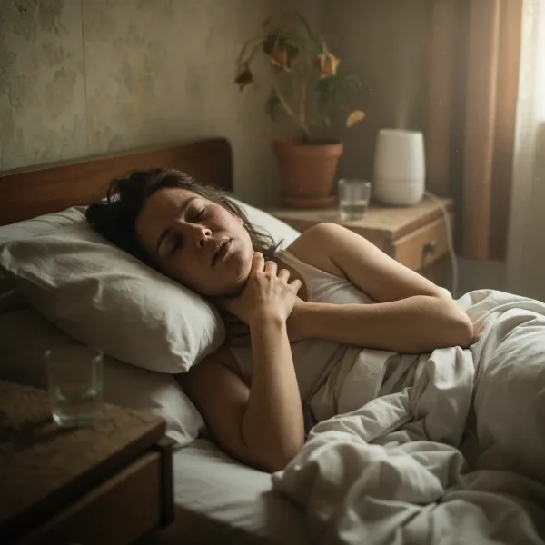 Person with dry skin and throat, struggling to sleep in a parched bedroom, showing discomfort and restlessness