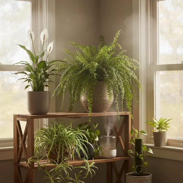 Group of lush green houseplants, naturally enhancing indoor air humidity.
