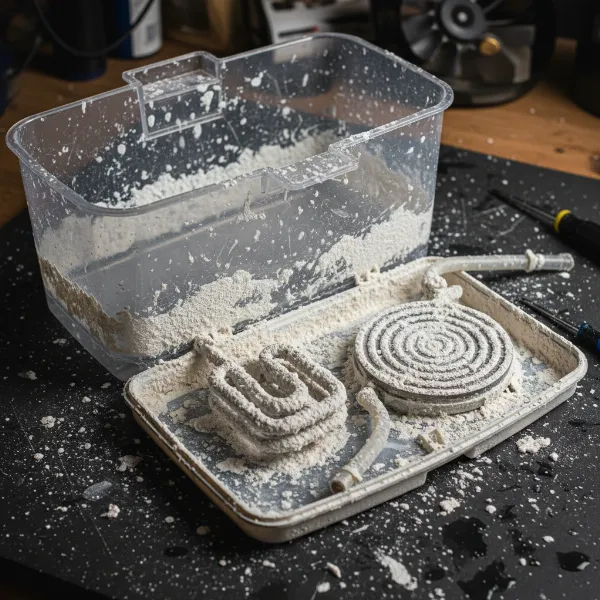 White, crusty mineral deposits on a humidifier's internal components from hard water.