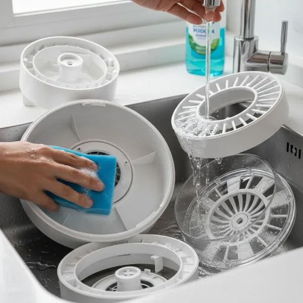 Disassembled parts of the Miro NR07G humidifier being washed with soap and a sponge in a kitchen sink.