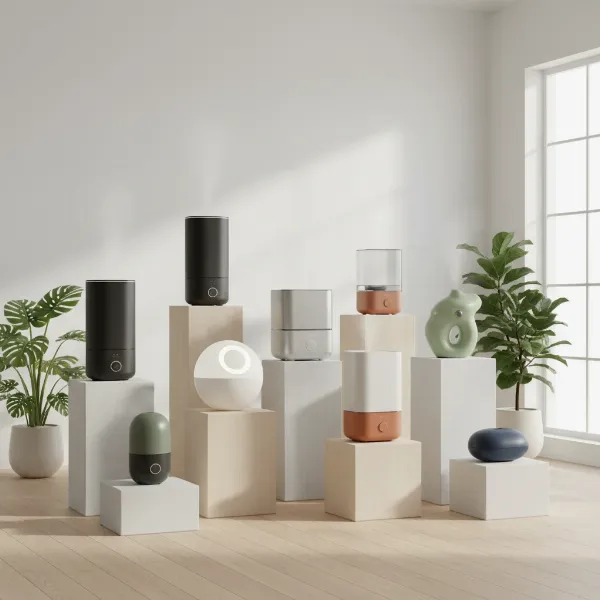 A display of various sleek and modern humidifier models for different room sizes and aesthetics.