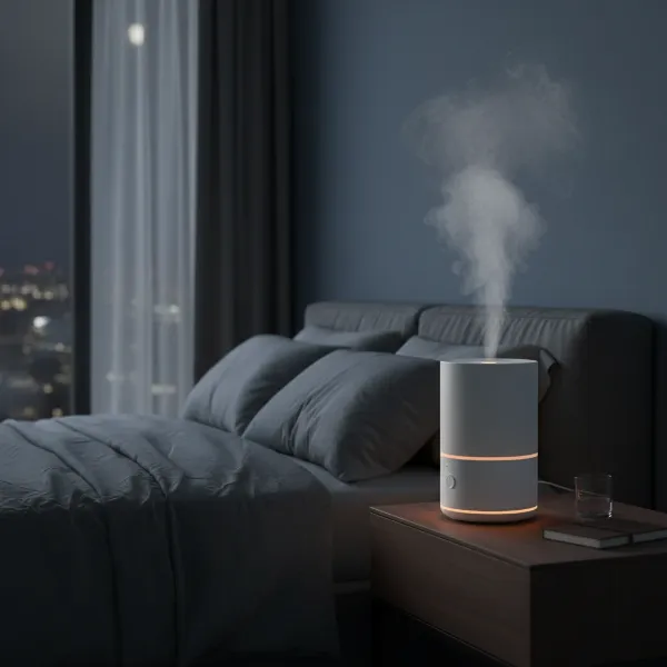 A serene bedroom scene at night with a subtly glowing, quiet humidifier operating on a bedside table.