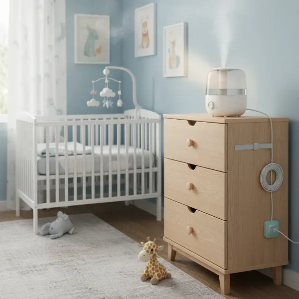 Warm mist humidifier safely placed on an elevated shelf, out of a child's reach.