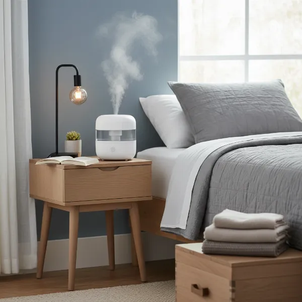 Compact cool mist humidifier operating quietly in a cozy small room bedroom setting.