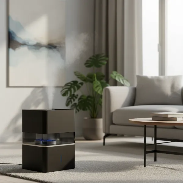 A sleek, minimalist Stadler Form Oskar humidifier in a modern living room setting, subtly blending into the decor.