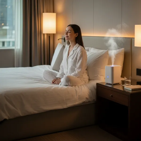 A person relaxing comfortably in a hotel room with a small, portable travel humidifier on the nightstand, emitting a fine mist.