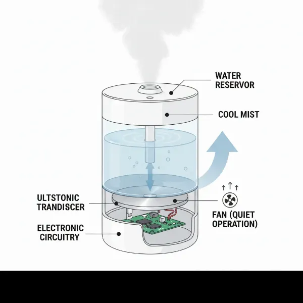 Illustrations of various humidifier types including an ultrasonic unit emitting visible mist and an evaporative unit with a wick and fan, showing their distinct operating principles.