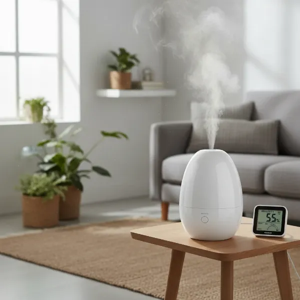 A modern ultrasonic humidifier emitting a fine, cool mist in a serene room, highlighting quiet operation.