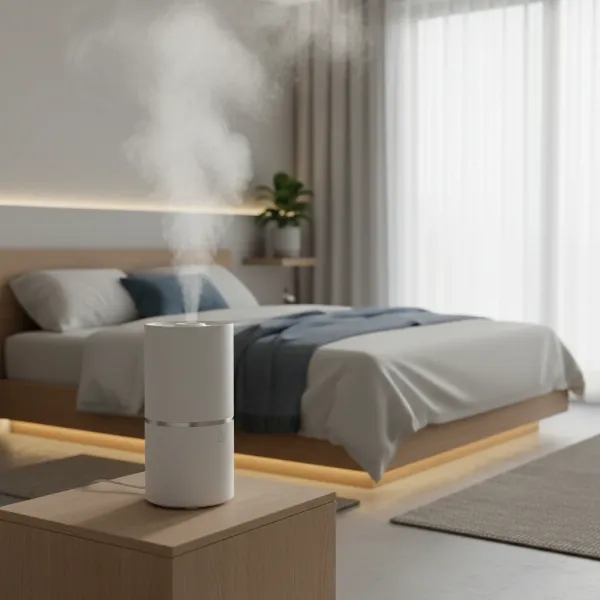 A sleek, modern ultrasonic humidifier emitting a fine, cool mist into a calm bedroom setting, highlighting its quiet operation and aesthetic appeal.