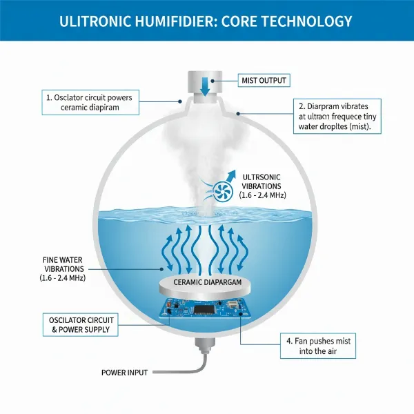 Visual representation of how an ultrasonic humidifier uses high-frequency vibrations to create mist.