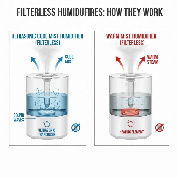 Diagram comparing an ultrasonic humidifier producing cool mist and a warm mist humidifier producing steam.